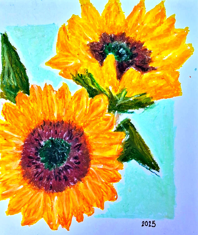 Girassóis | Ilustração floral, folha A5, feita com giz oleoso